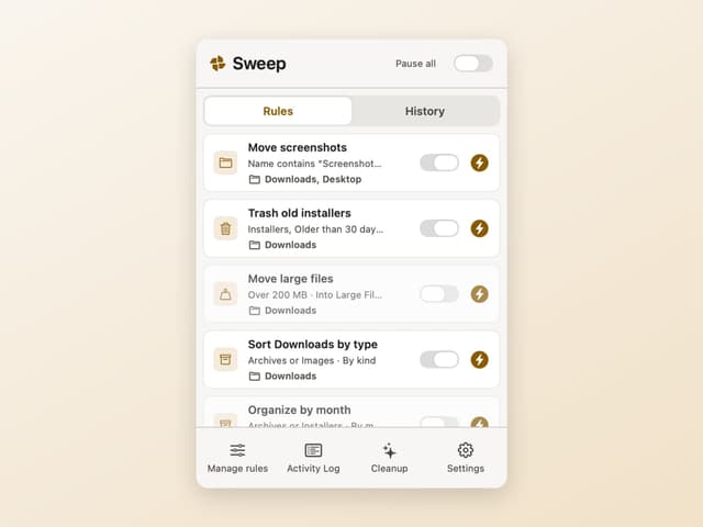 Sweep's menu-bar popover listing rules for Downloads and the Desktop, each with its own switch