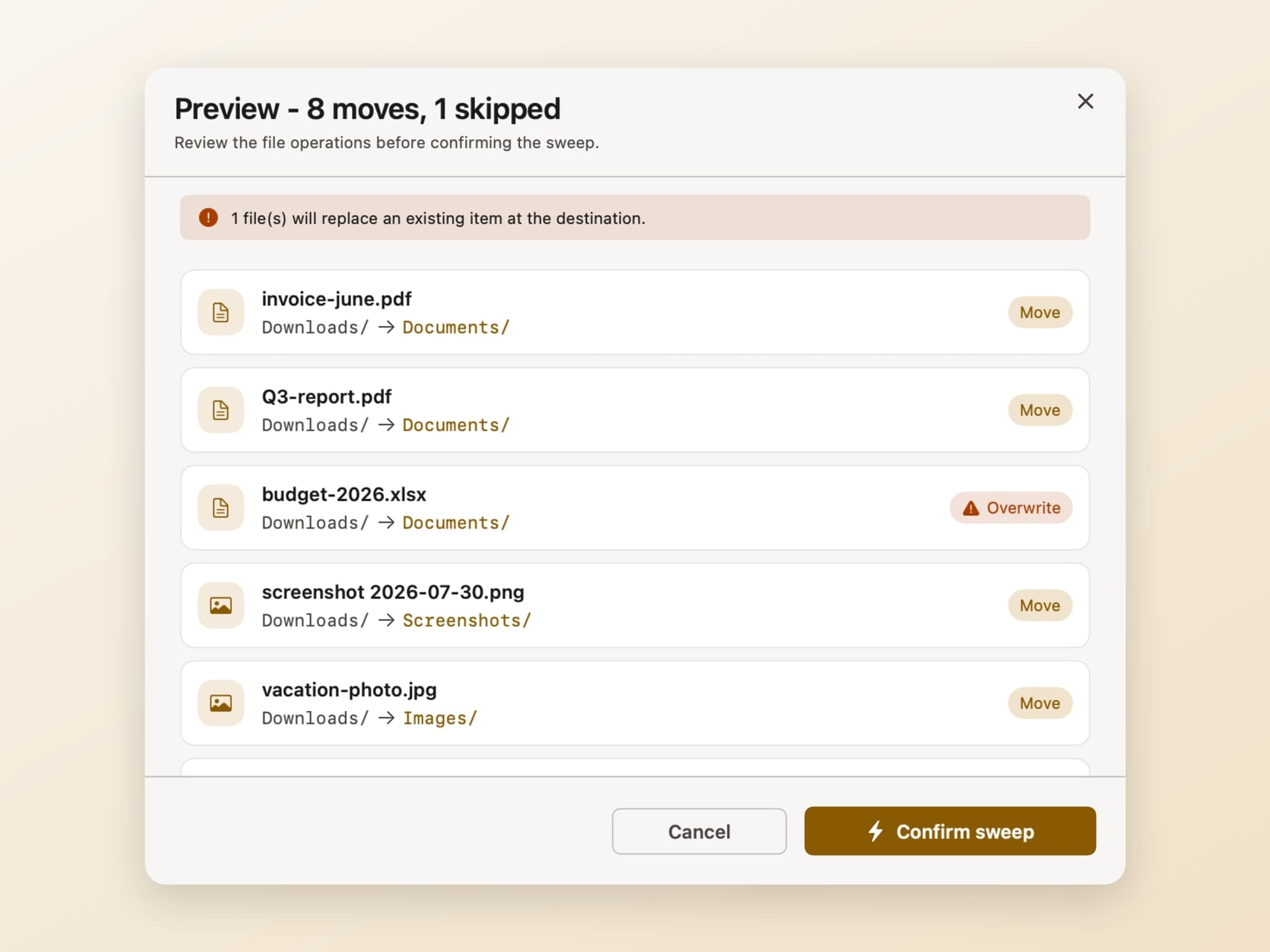 The Sweep preview dialog reading Preview - 8 moves, 1 skipped, listing each file with its source and destination and an Overwrite warning on one row