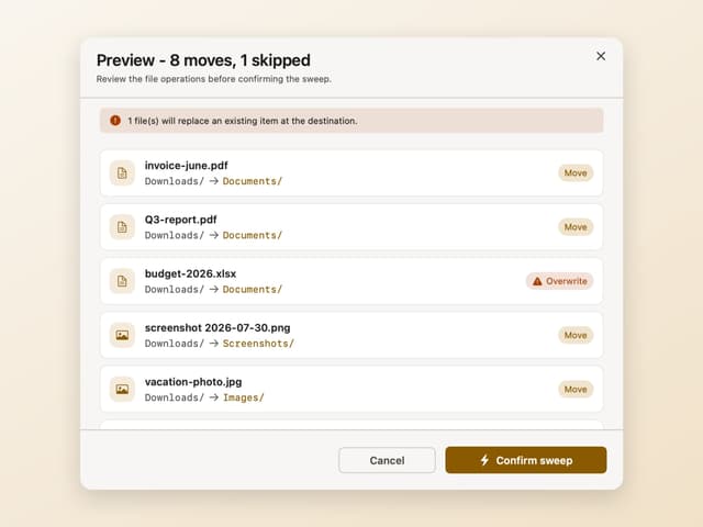 Sweep dry-run preview listing every file move before it runs