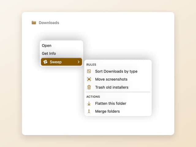 The Finder right-click menu with Sweep's submenu for running a rule, flattening or merging