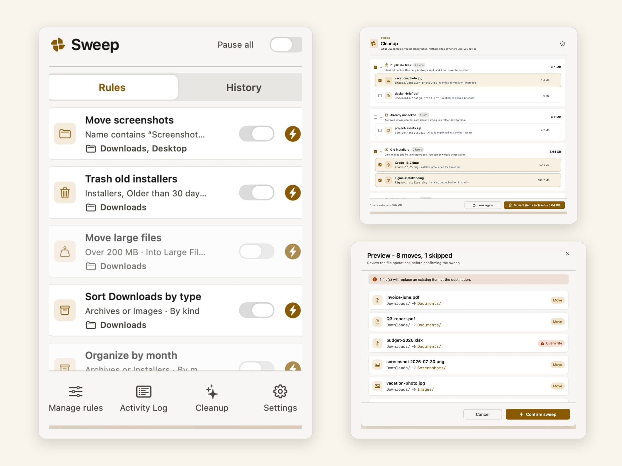 Sweep on macOS: the menu-bar rule list, the Cleanup window and the dry-run preview
