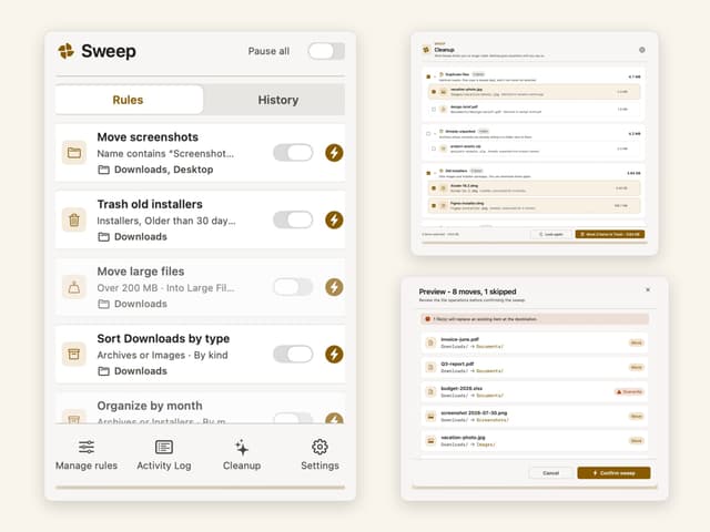 Sweep on macOS: the menu-bar rule list, the Cleanup window and the dry-run preview