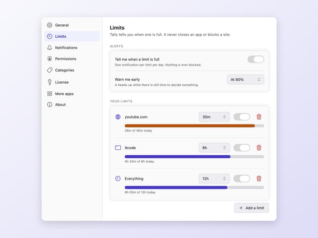 Settings showing three daily limits and how full each one is