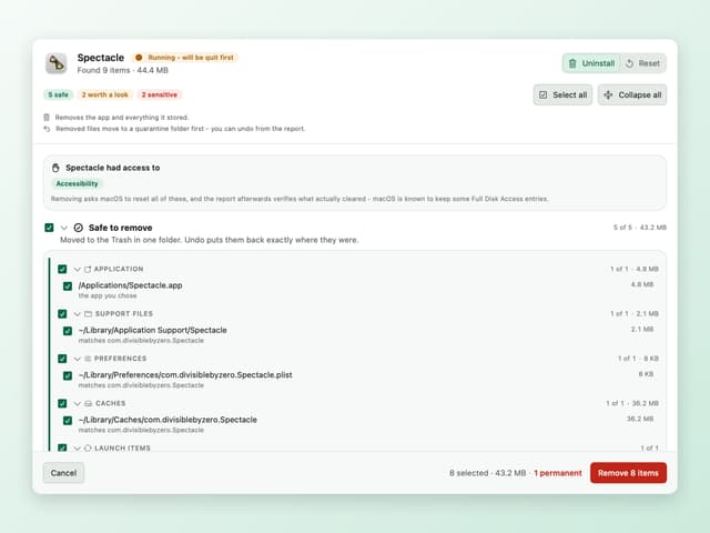 A scan review listing every leftover with reasons and checkboxes