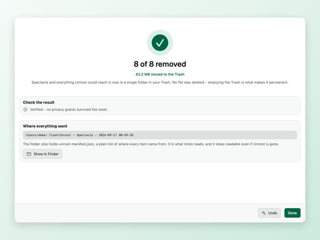 The removal report with every move listed and Undo available