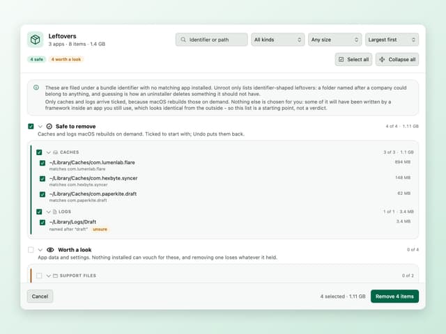 The orphan sweep finding leftovers of long-deleted apps