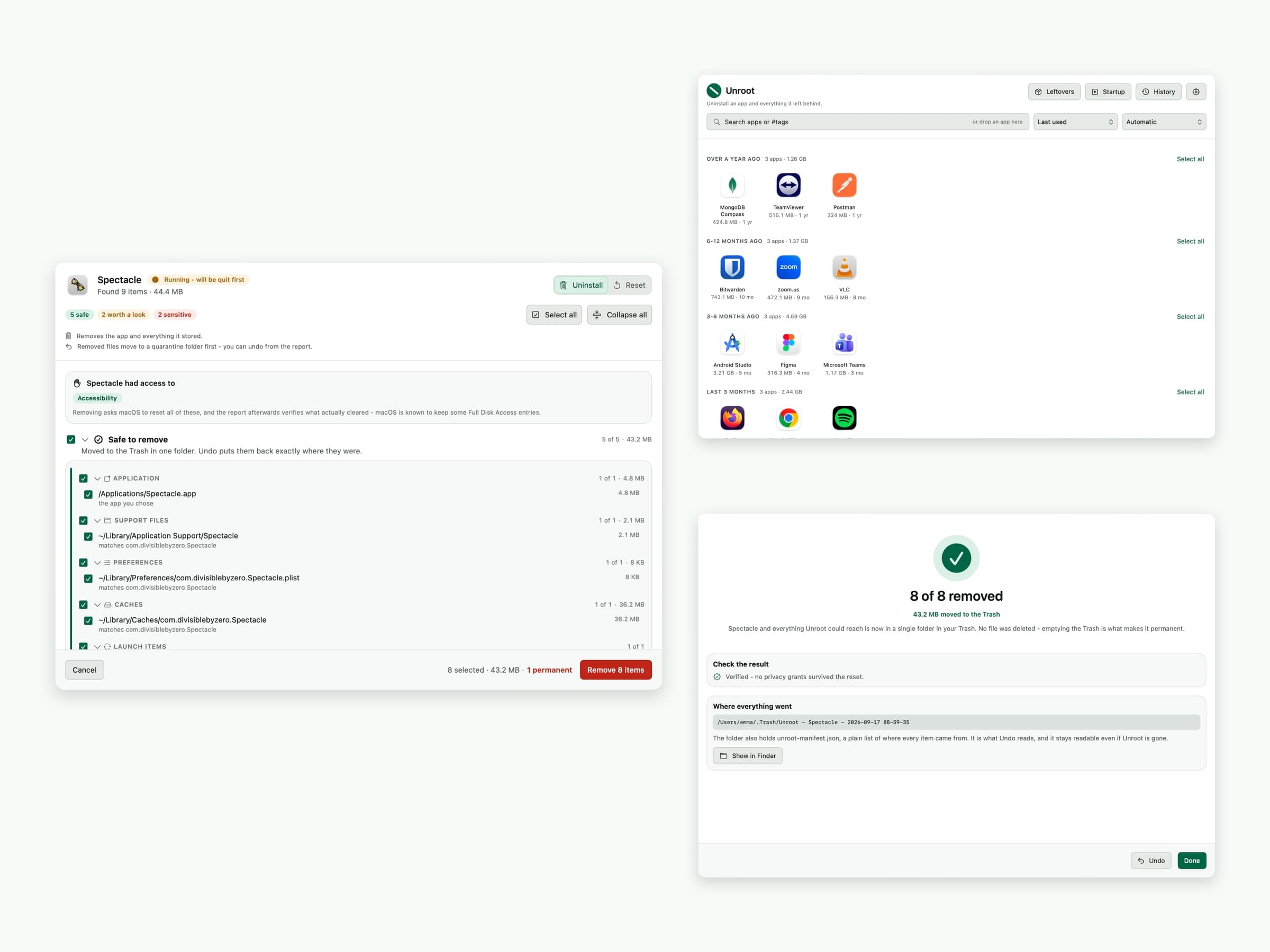 Unroot's app grid beside a scan review and the removal report