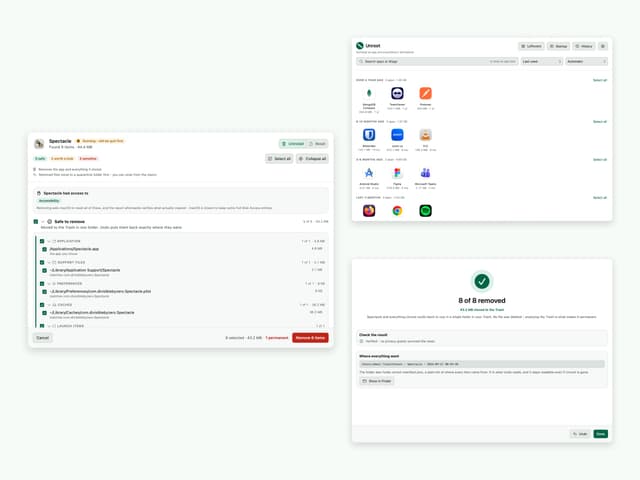 Unroot's app grid beside a scan review and the removal report