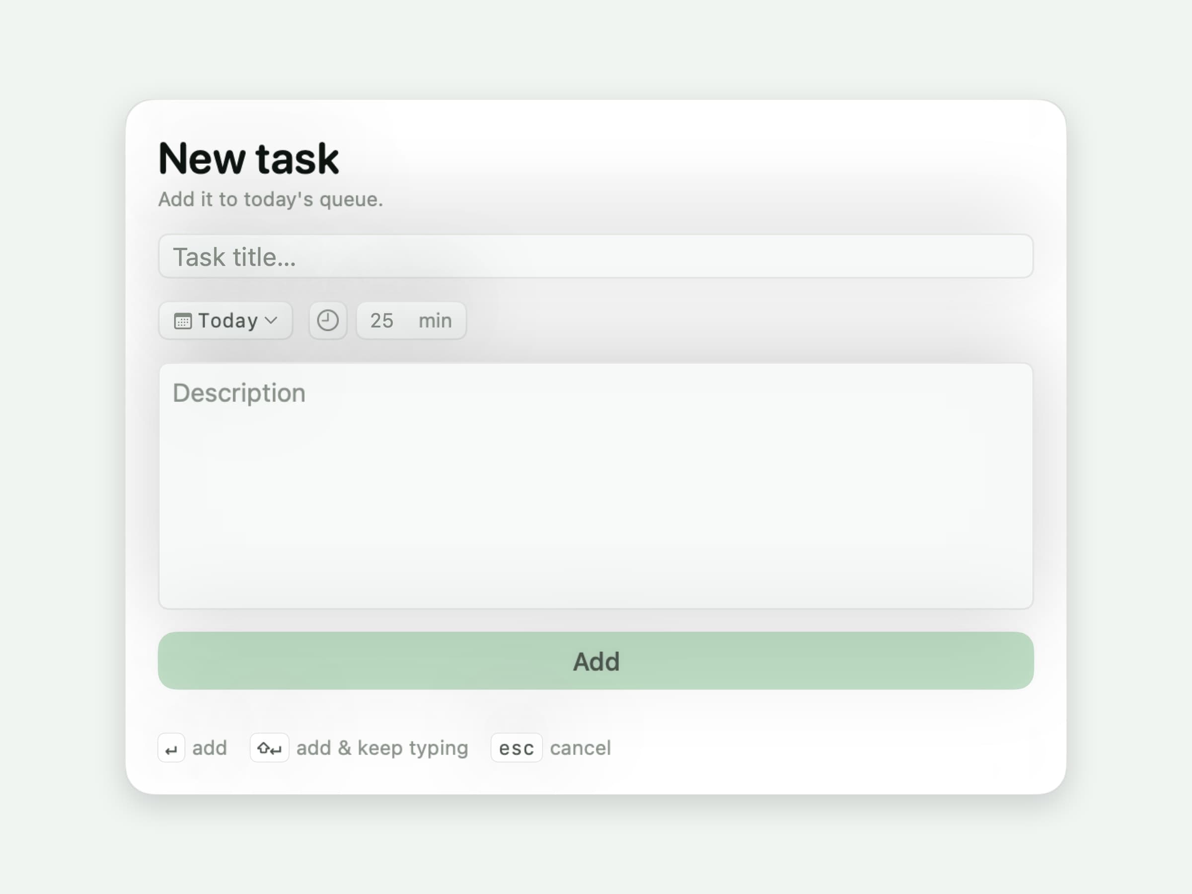 The Anchored quick add panel, with fields for a task title, the day, a duration and an optional description