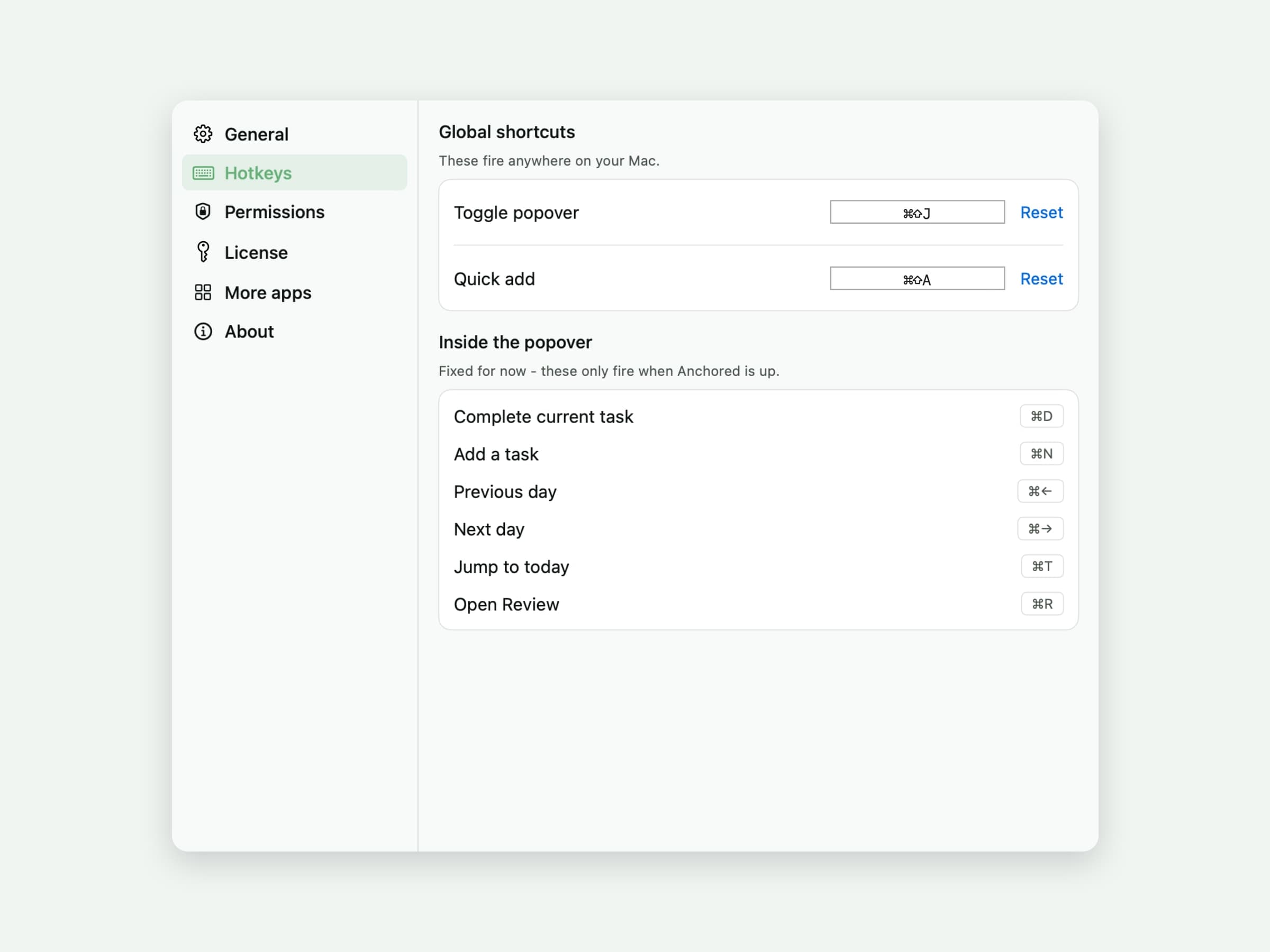 The Anchored settings window on its Hotkeys tab, listing two rebindable global shortcuts and five fixed in-popover shortcuts