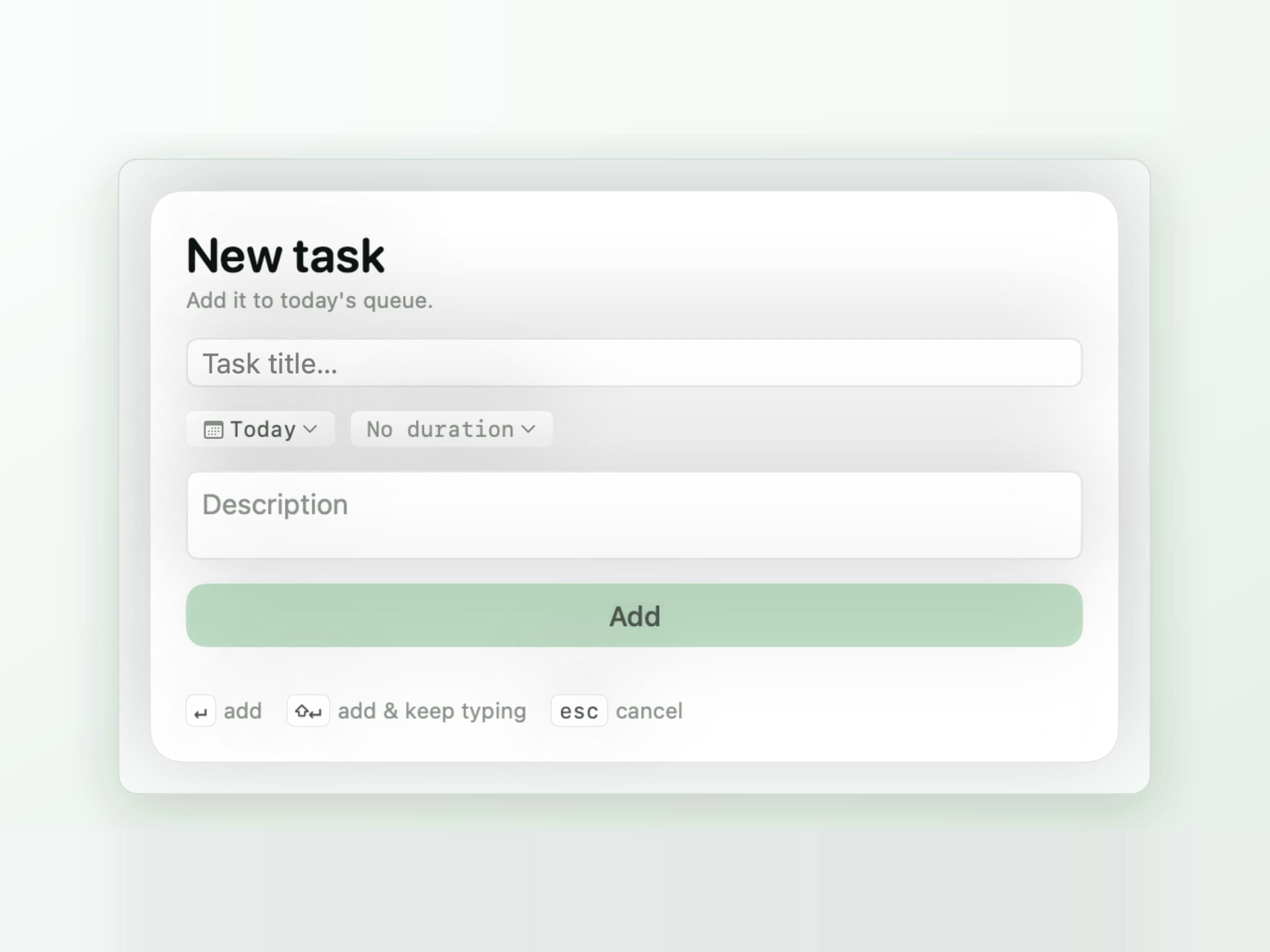 The Anchored quick add panel, with fields for a task title, the day, a duration and an optional description
