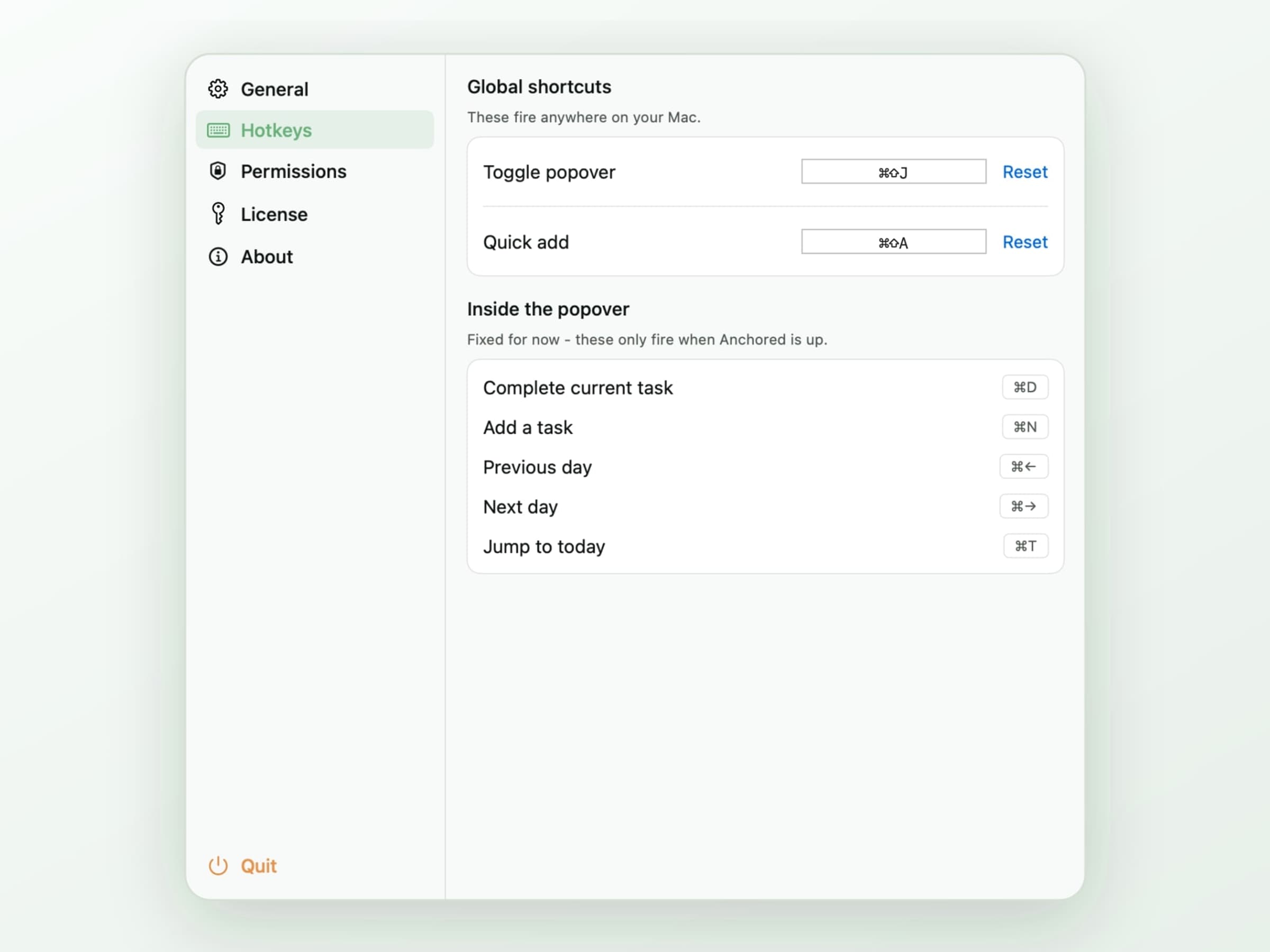 The Anchored settings window on its Hotkeys tab, listing two rebindable global shortcuts and five fixed in-popover shortcuts