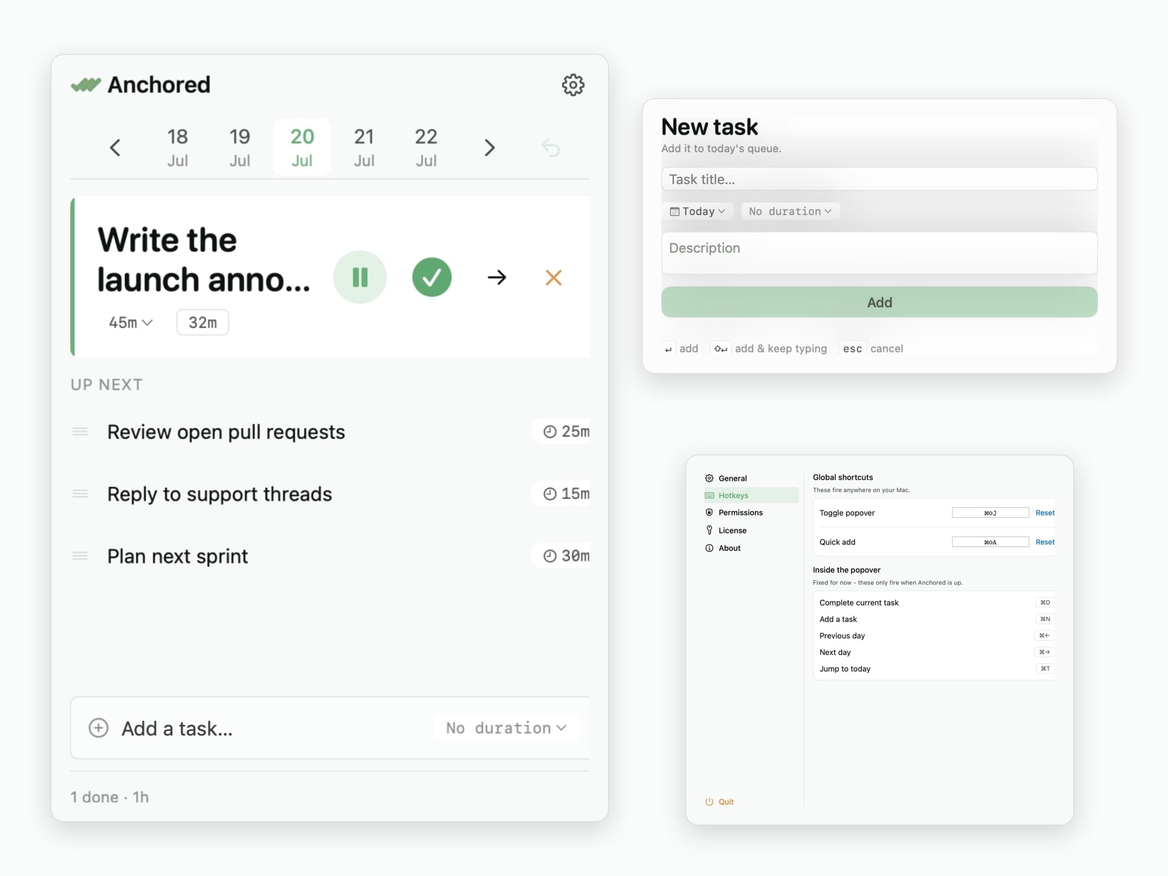 Anchored on macOS: the anchor task with a live countdown in the menu bar, the queue and quick-add