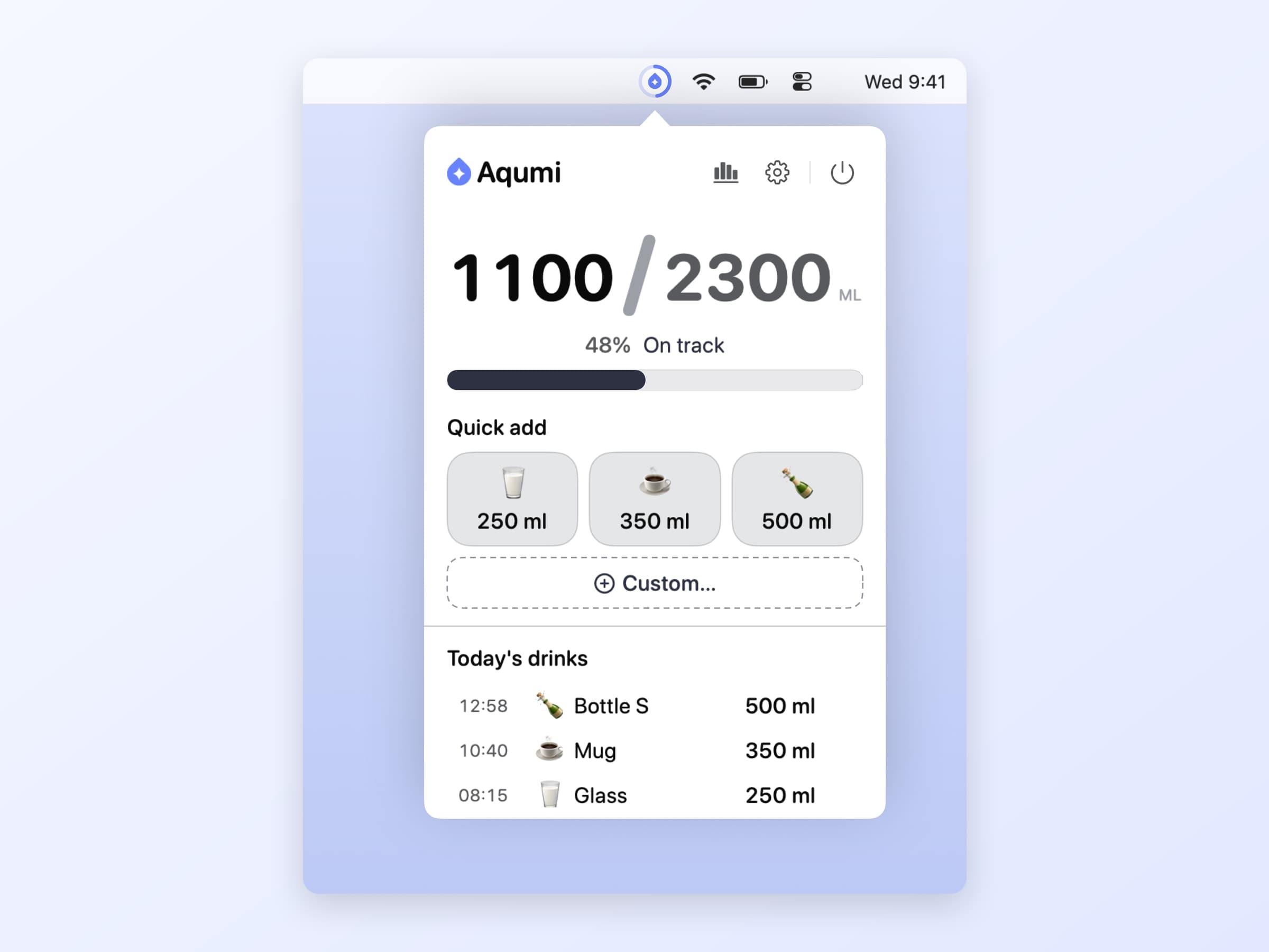 The Aqumi popover in the macOS menu bar, showing the day's hydration total against the goal and a row of one-tap drink presets