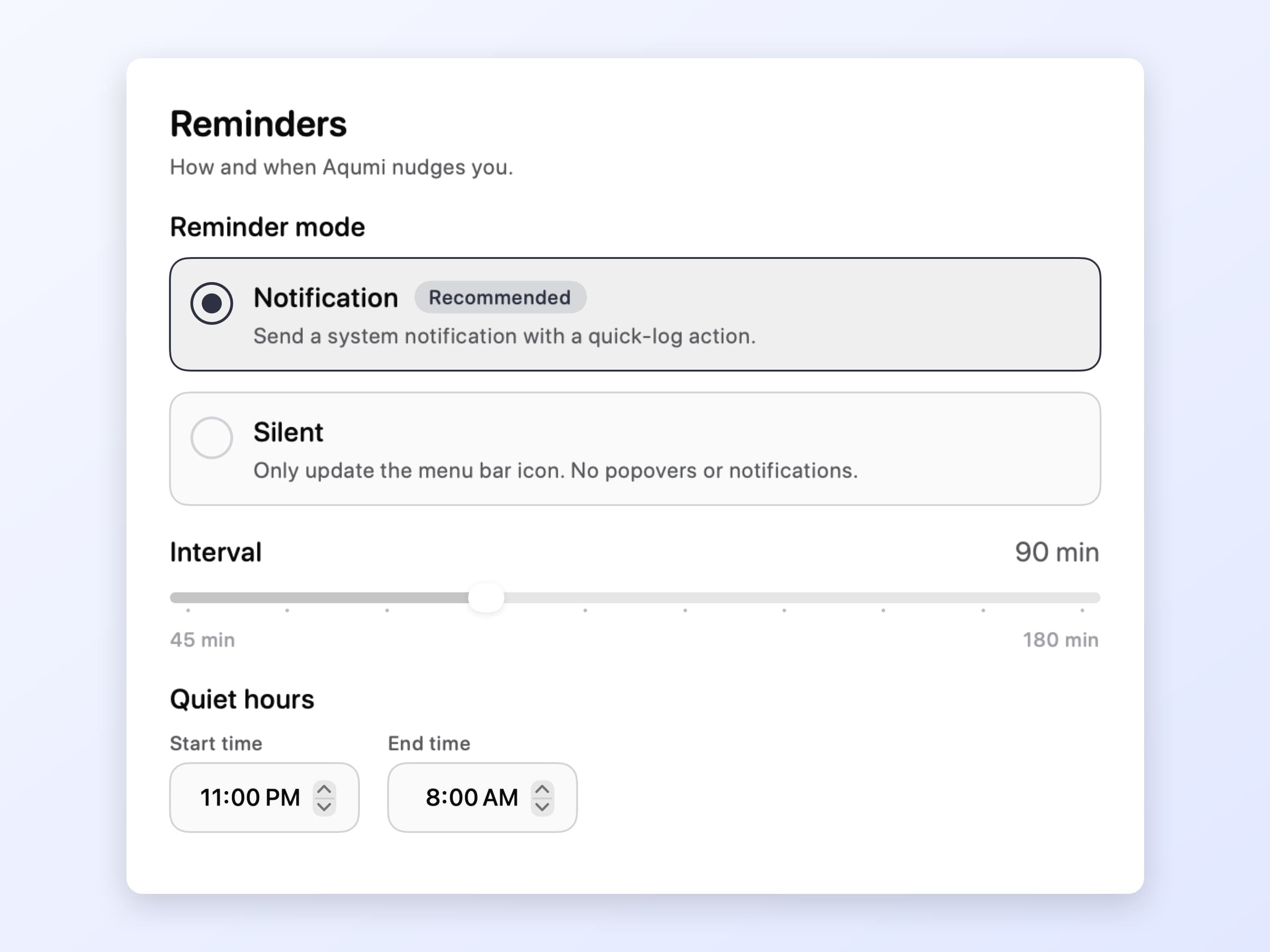 The Aqumi reminder settings, with the reminder cadence, the two reminder modes and the quiet hours range
