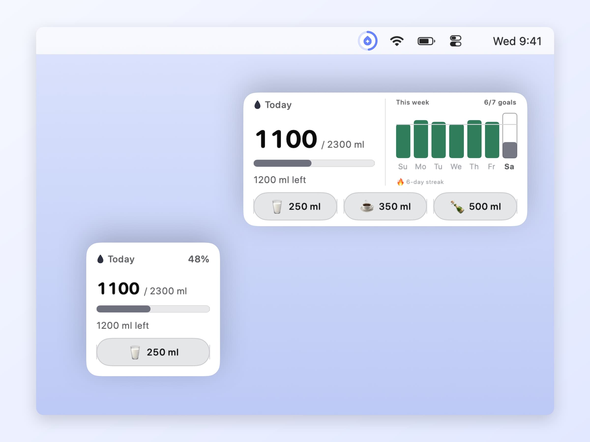 The Aqumi desktop widget in two sizes, showing the day's total against the goal, the week behind it and one-click quick-add buttons