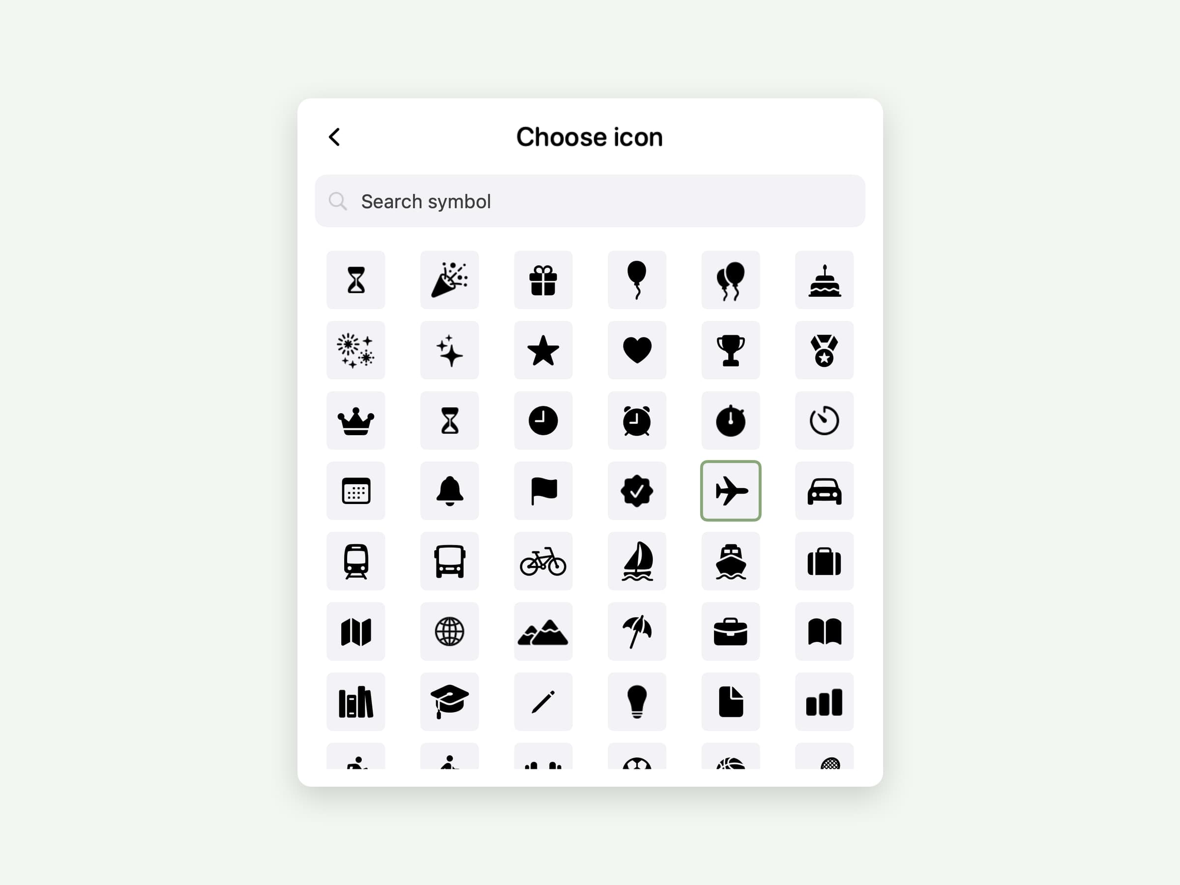 The Await icon picker on macOS, a searchable grid of SF Symbols with one of them selected