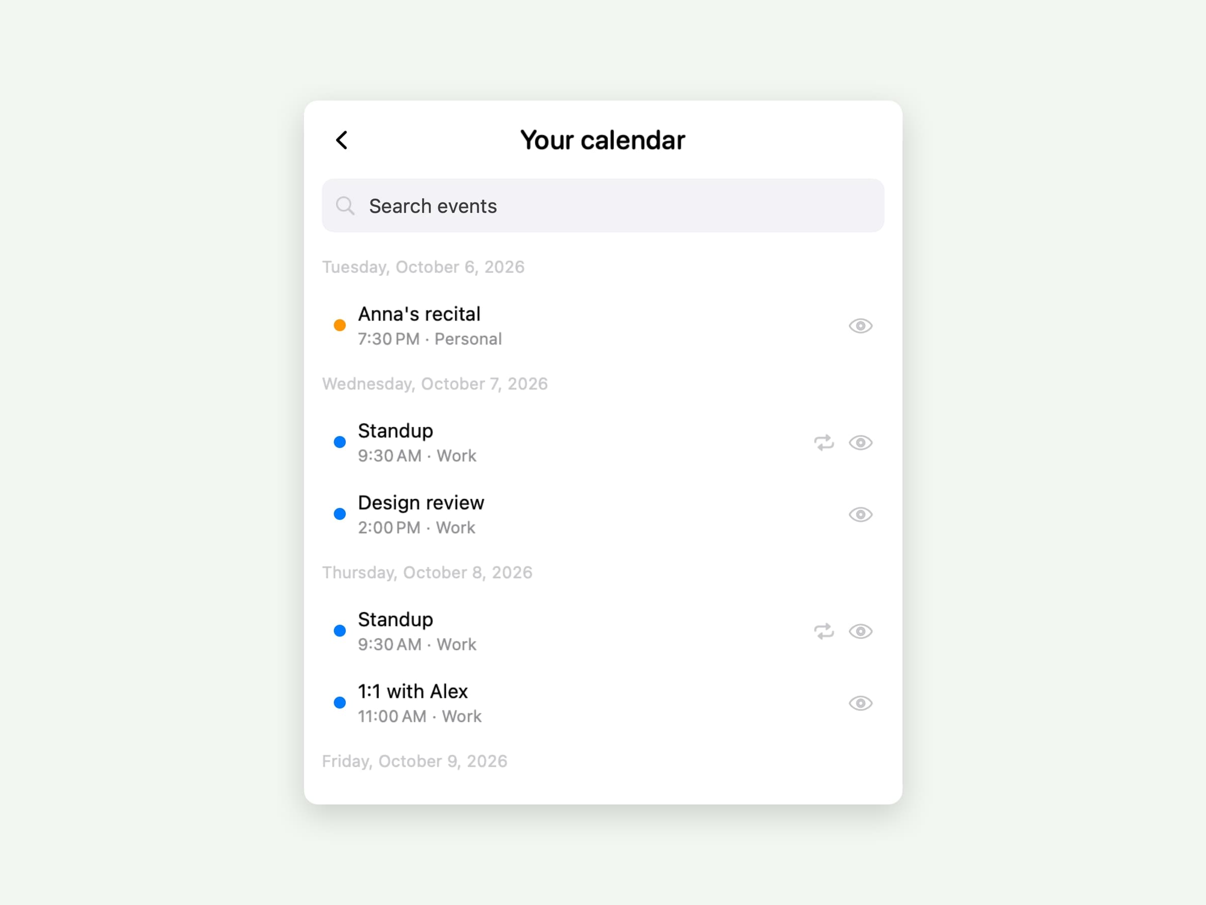 The Await calendar picker on macOS listing upcoming events grouped by day, each with its calendar color and start time
