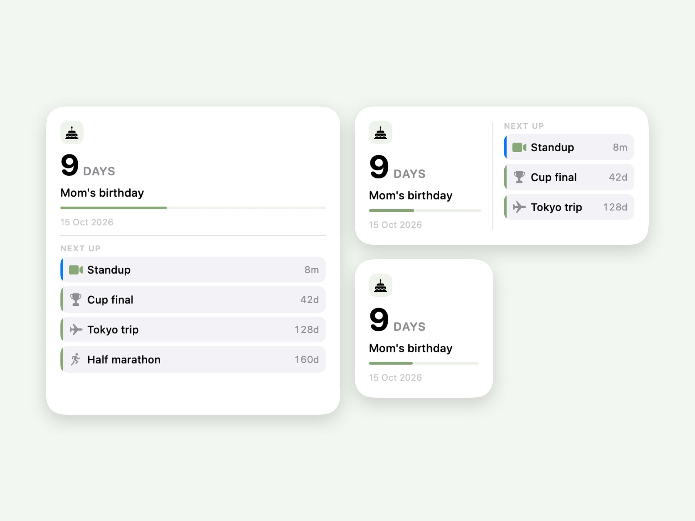 The Await desktop widget on macOS in both sizes, the medium one showing the next countdown beside the ones queued behind it