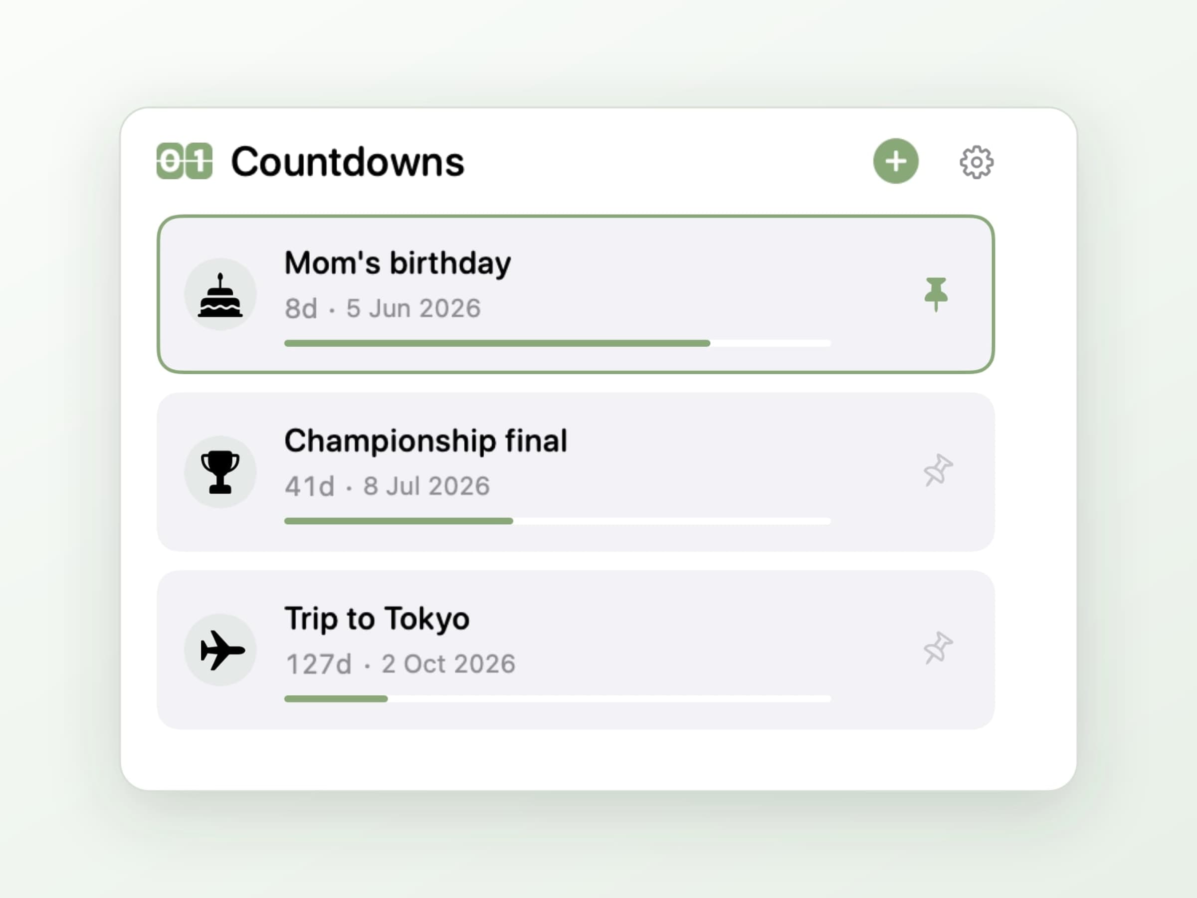 The Await popover on macOS listing several countdowns, each with its icon, title and remaining time, with one pinned to the menu bar