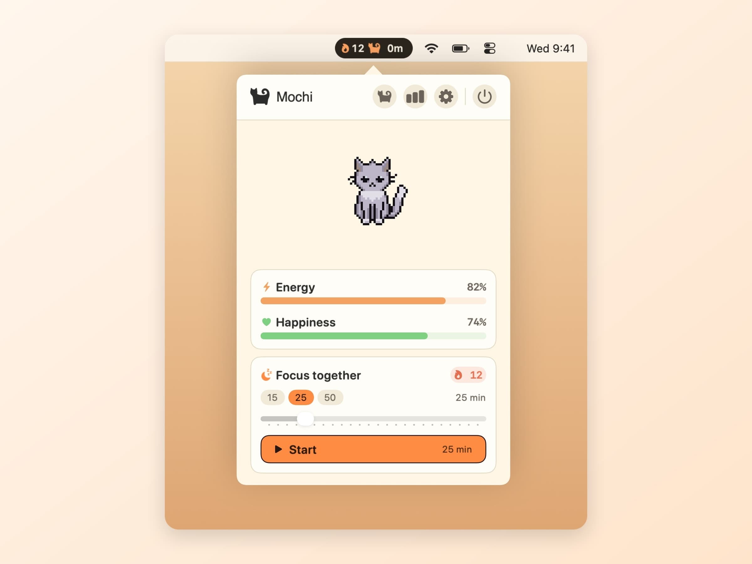 The CatPod pixel cat sitting on a macOS desktop, awake and idling beside open windows