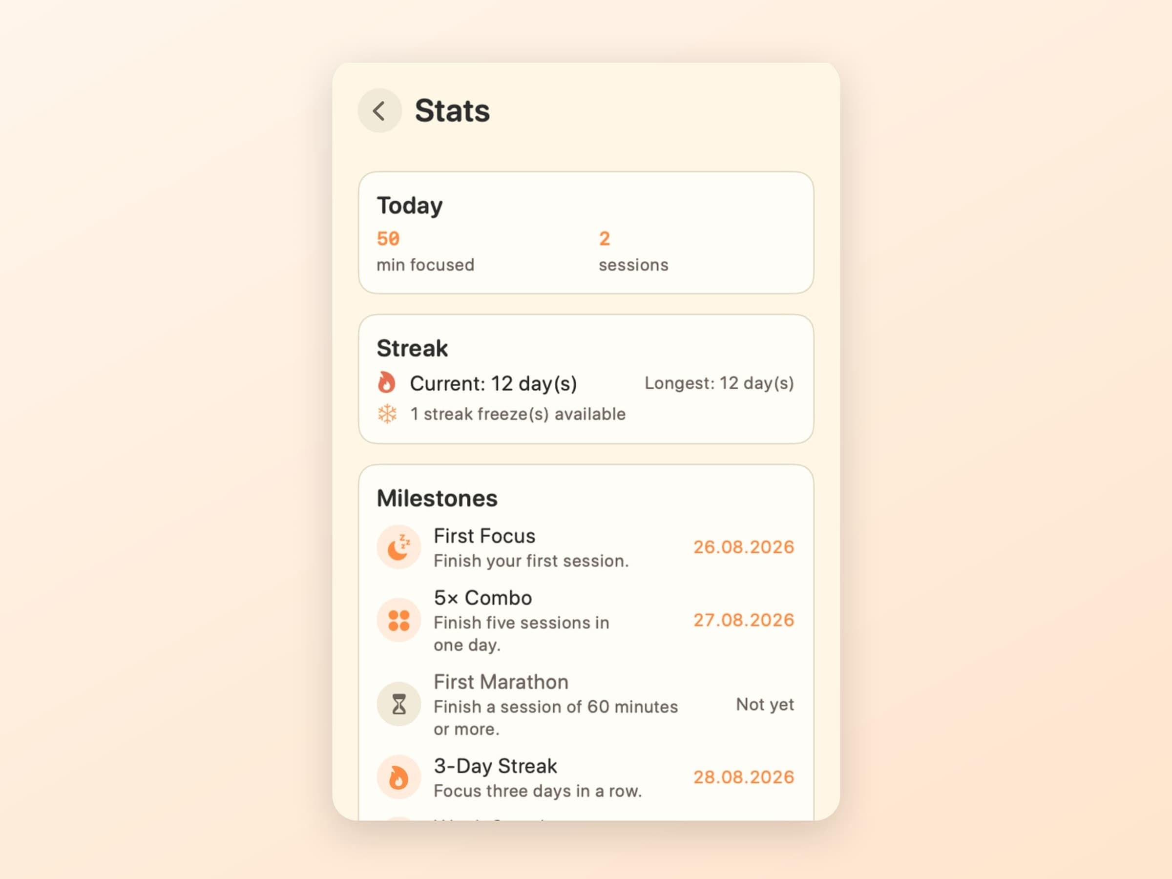 The CatPod stats view showing the current daily streak, its milestones and the available streak freeze