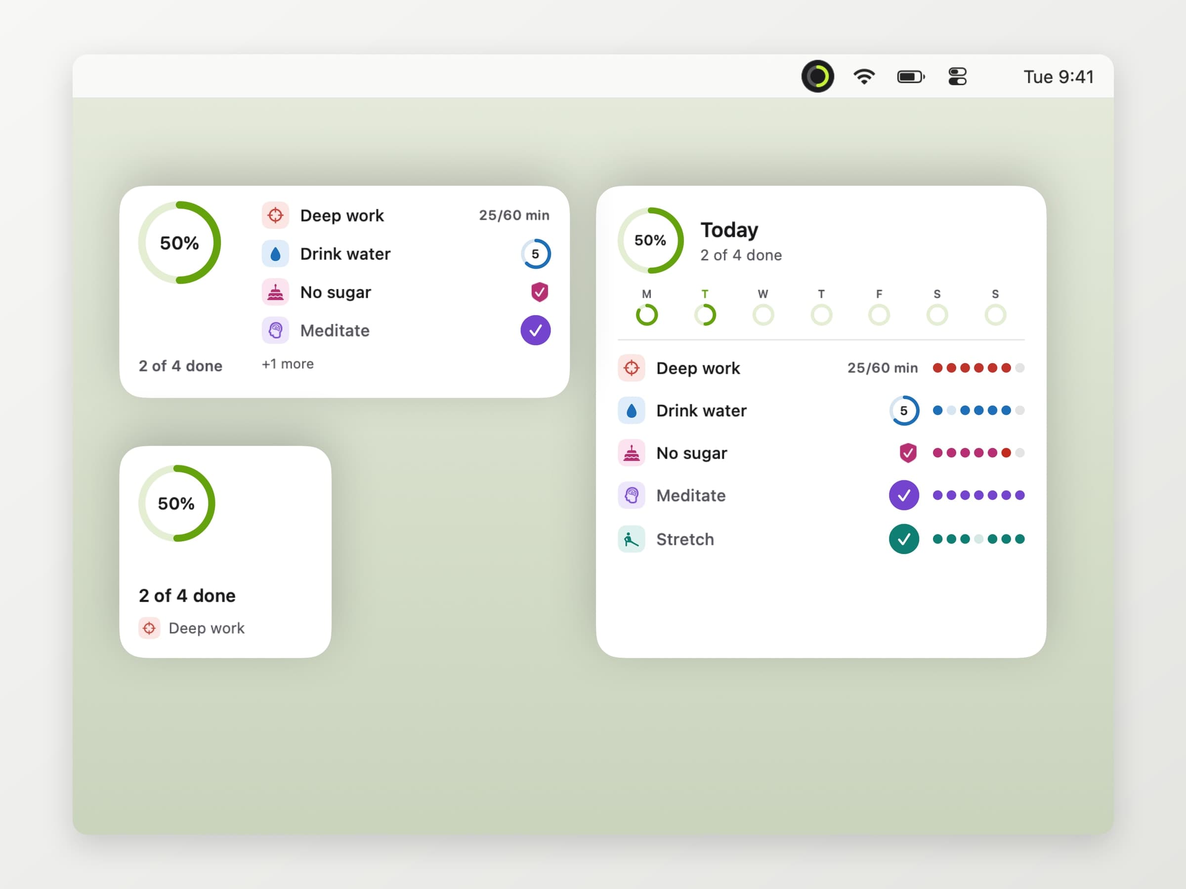 Keystone's desktop widgets in three sizes, with today's ring, habits you can tick and the last seven days per habit