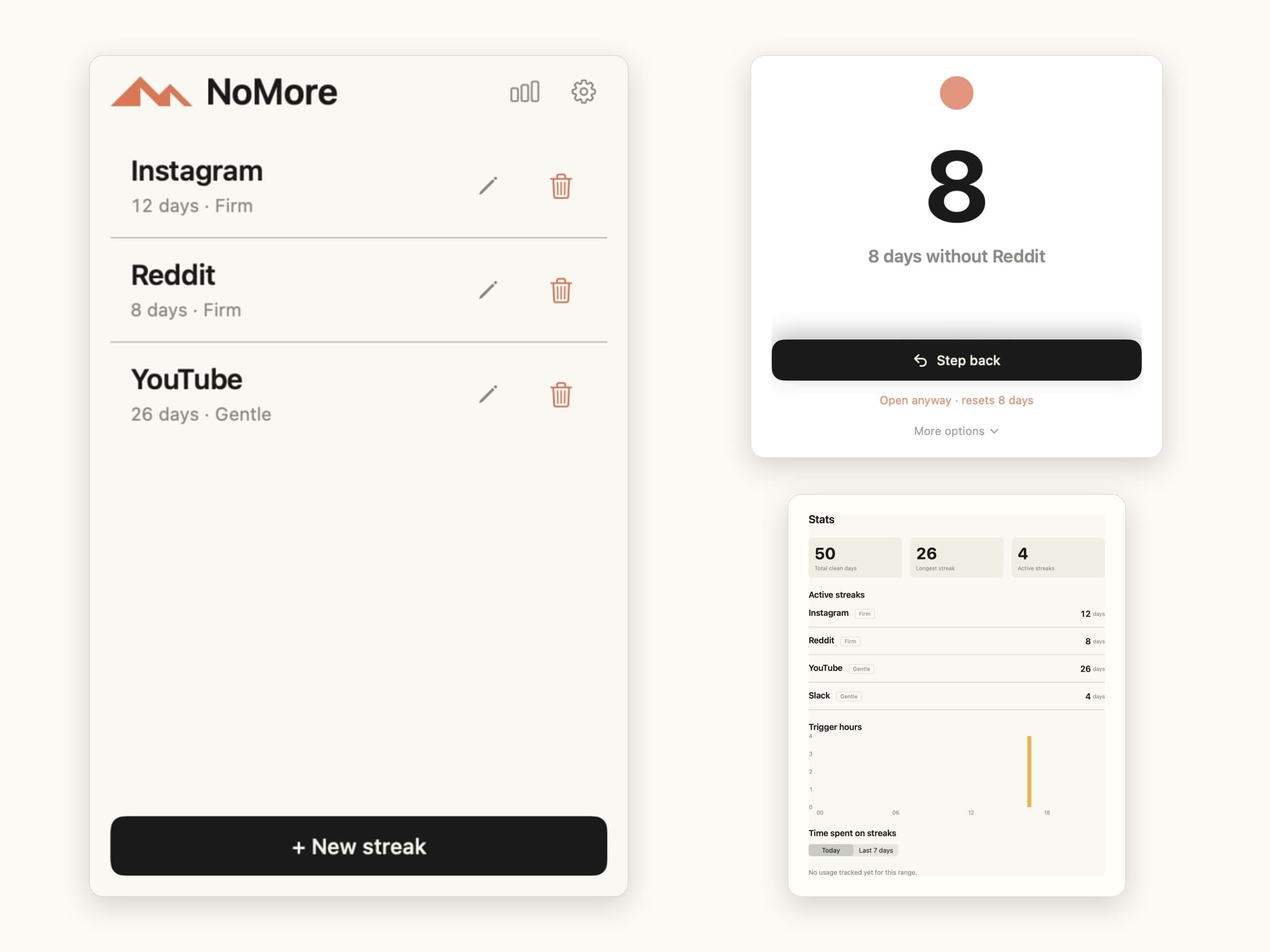 NoMore on macOS: block list, menu bar popover and the blocking screen for a distracting site