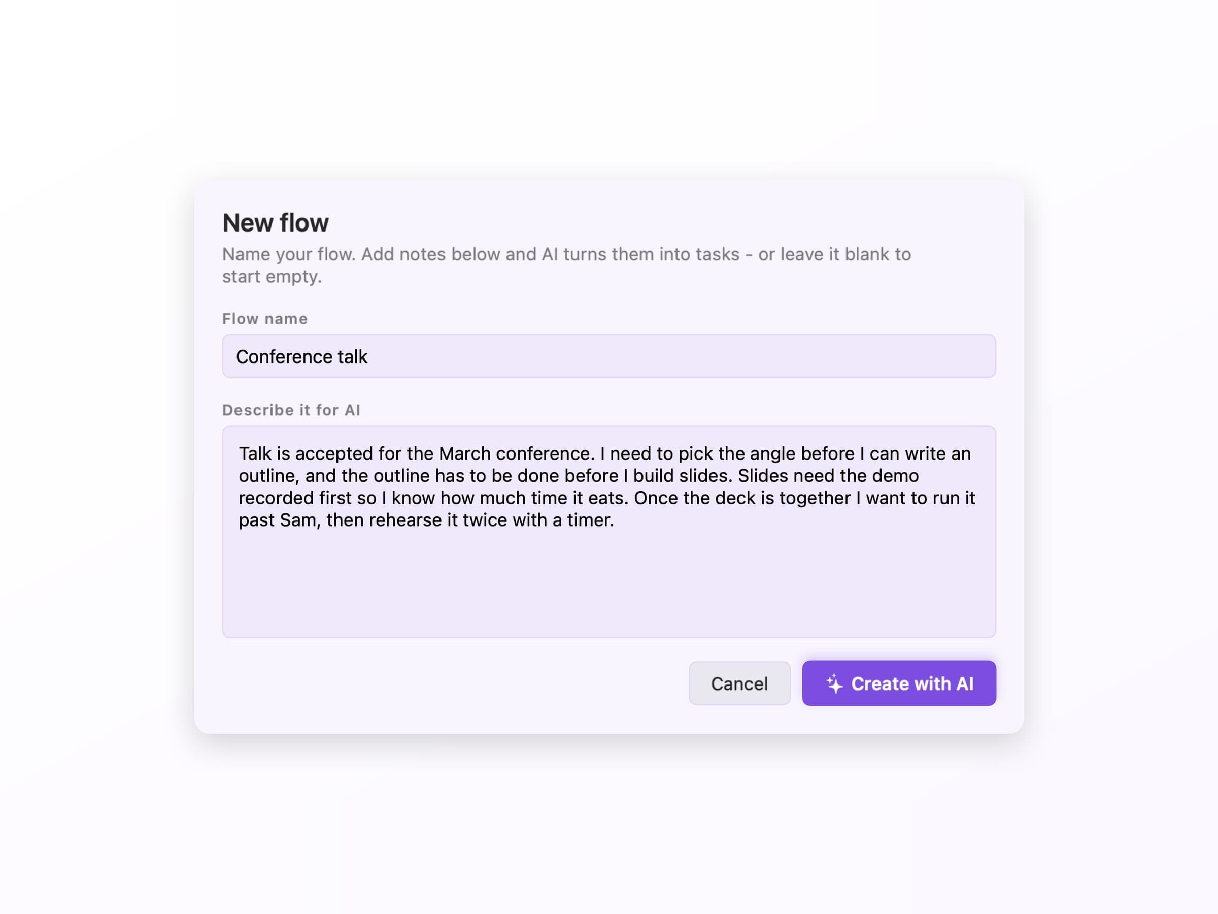 The Plexus new flow dialog named Conference talk, with a pasted paragraph in the Describe it for AI box and Cancel and Create with AI buttons