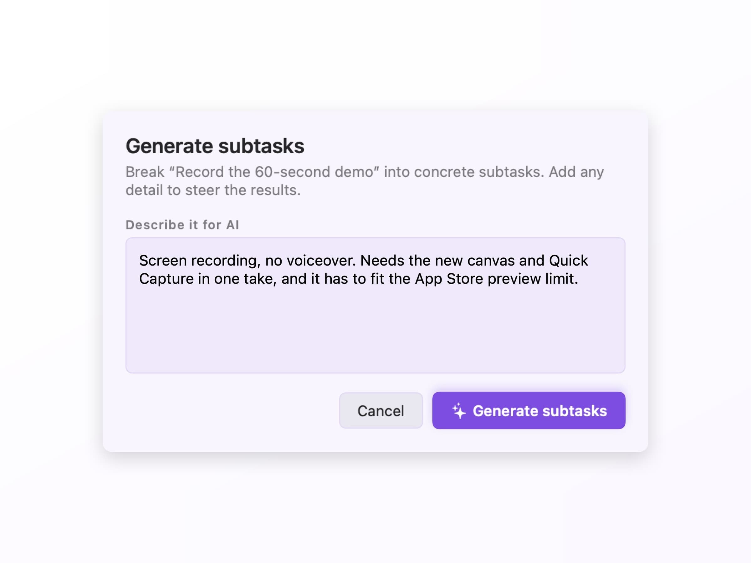 The Plexus generate subtasks dialog for Record the 60-second demo, with a description typed into the Describe it for AI box and a Generate subtasks button