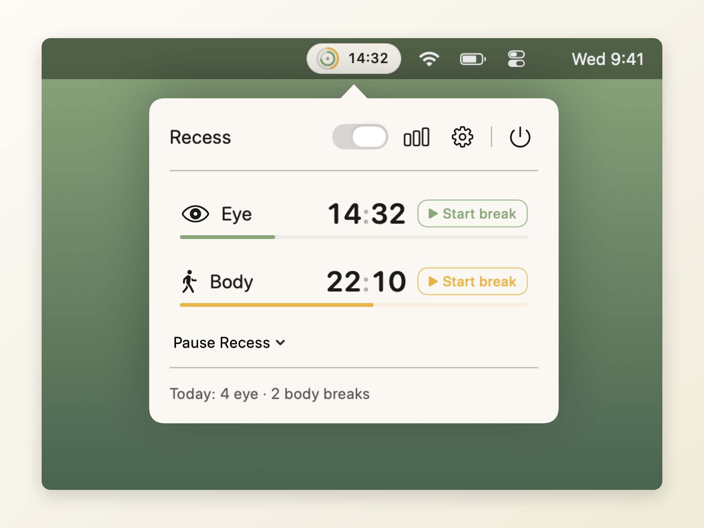 The Recess menu bar popover on macOS with separate Eye and Body countdowns, each with a progress bar and a Start break button, and today's break counts underneath