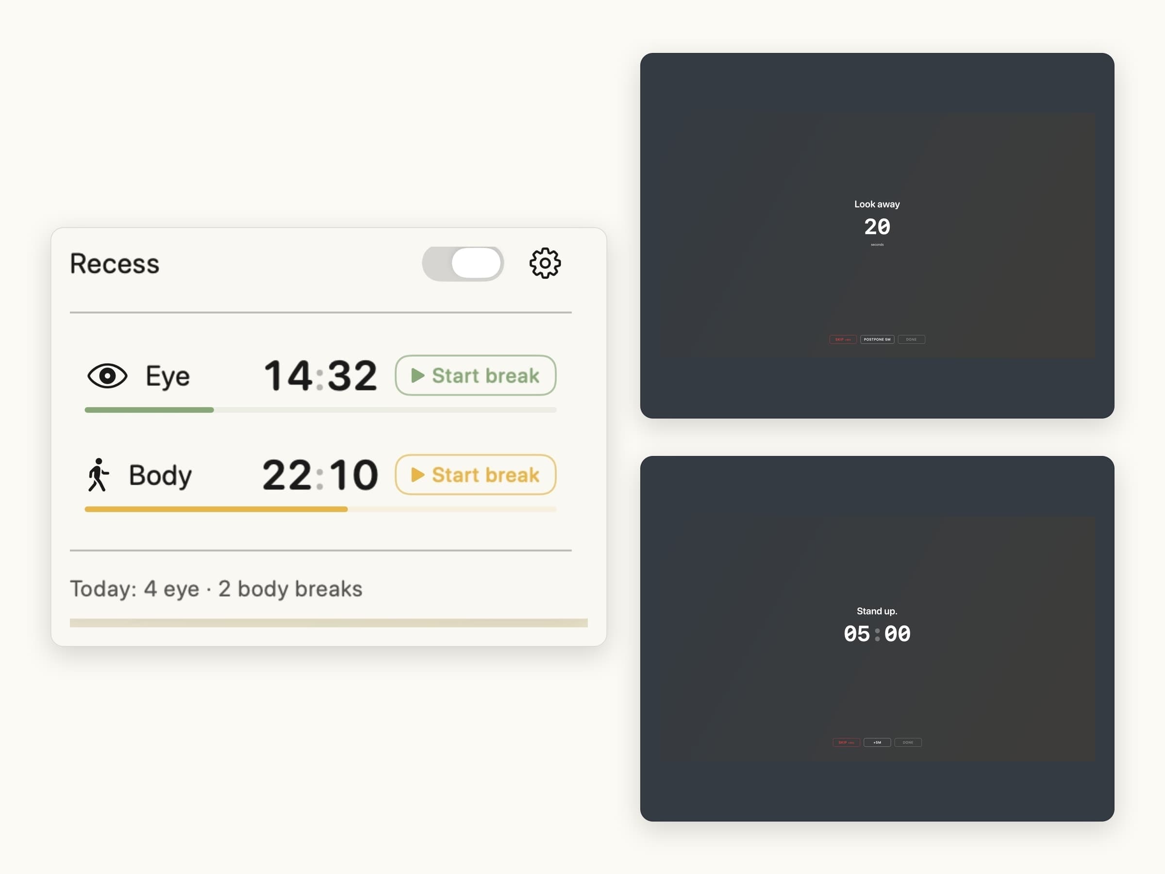 Recess on macOS: eye and body break timers, presets and the full-screen break overlay