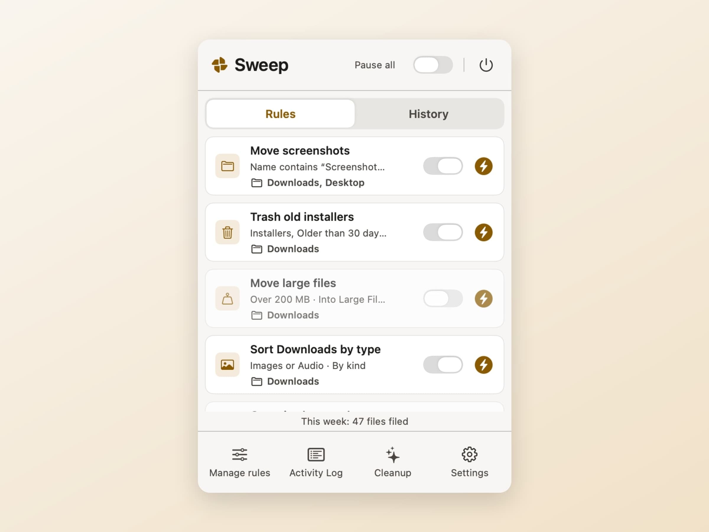 The Sweep menu bar popover on macOS listing rules like Move screenshots and Sort Downloads by type, each with its conditions, watched folders and an enable toggle