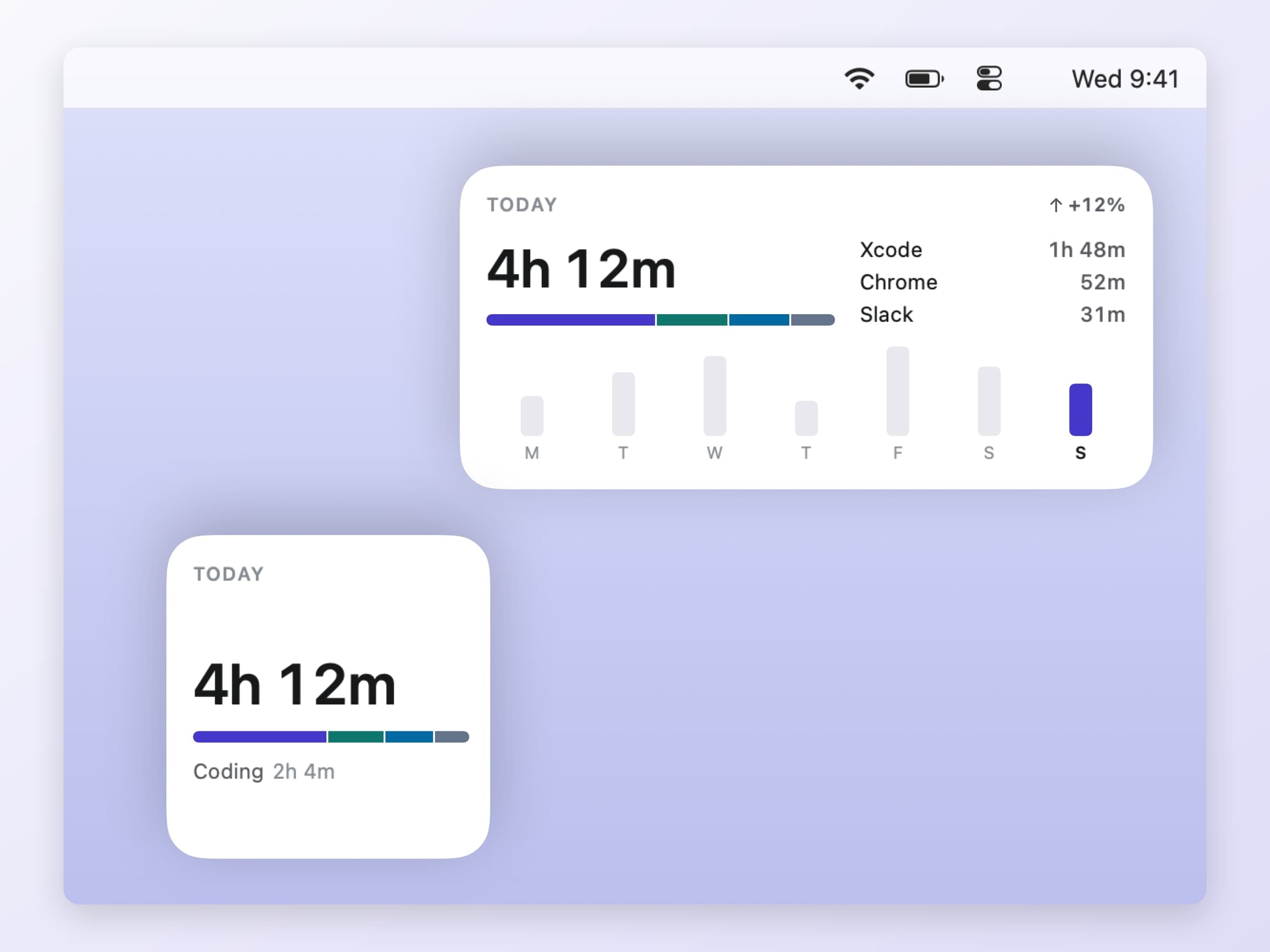 The Tally desktop widget in both sizes, showing today's total, its categories and the week behind it
