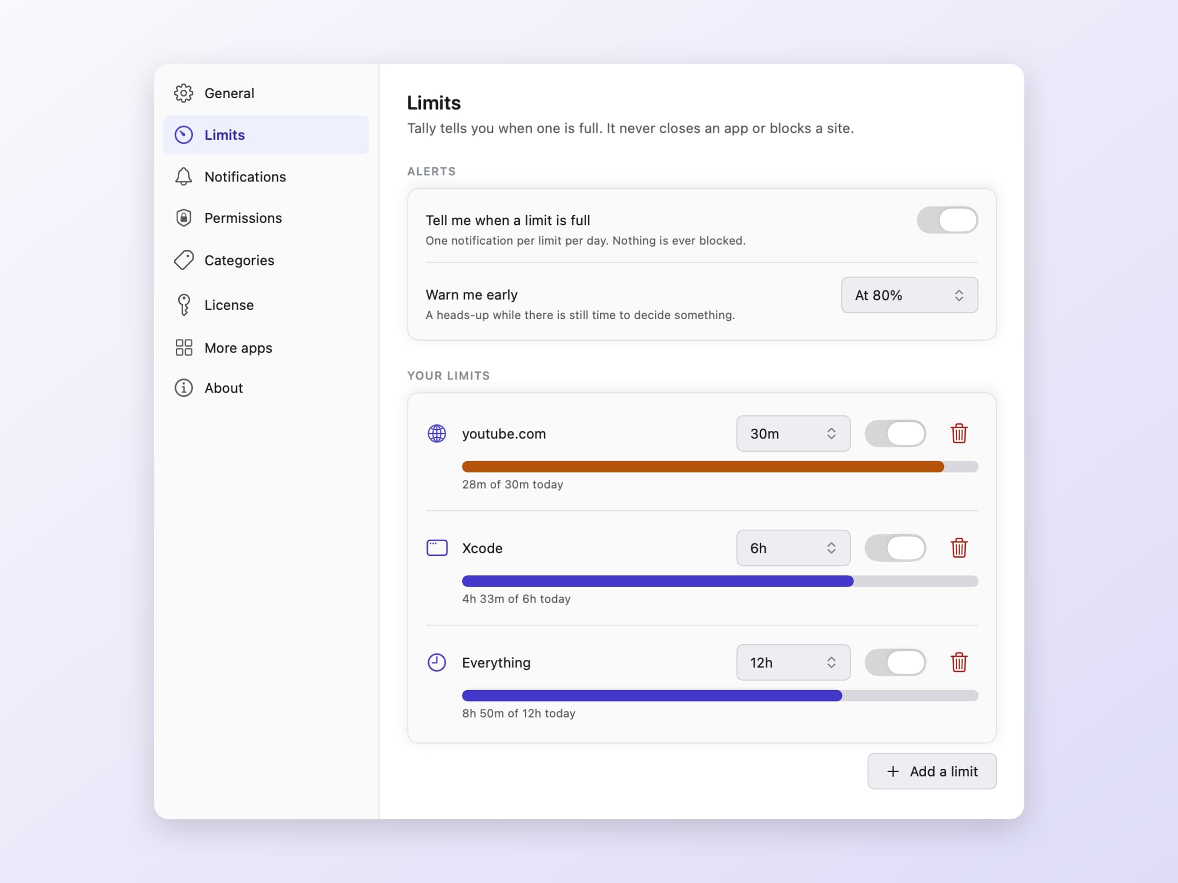 Tally's Settings showing three daily limits - a site, an app and the whole day - each with a bar under it