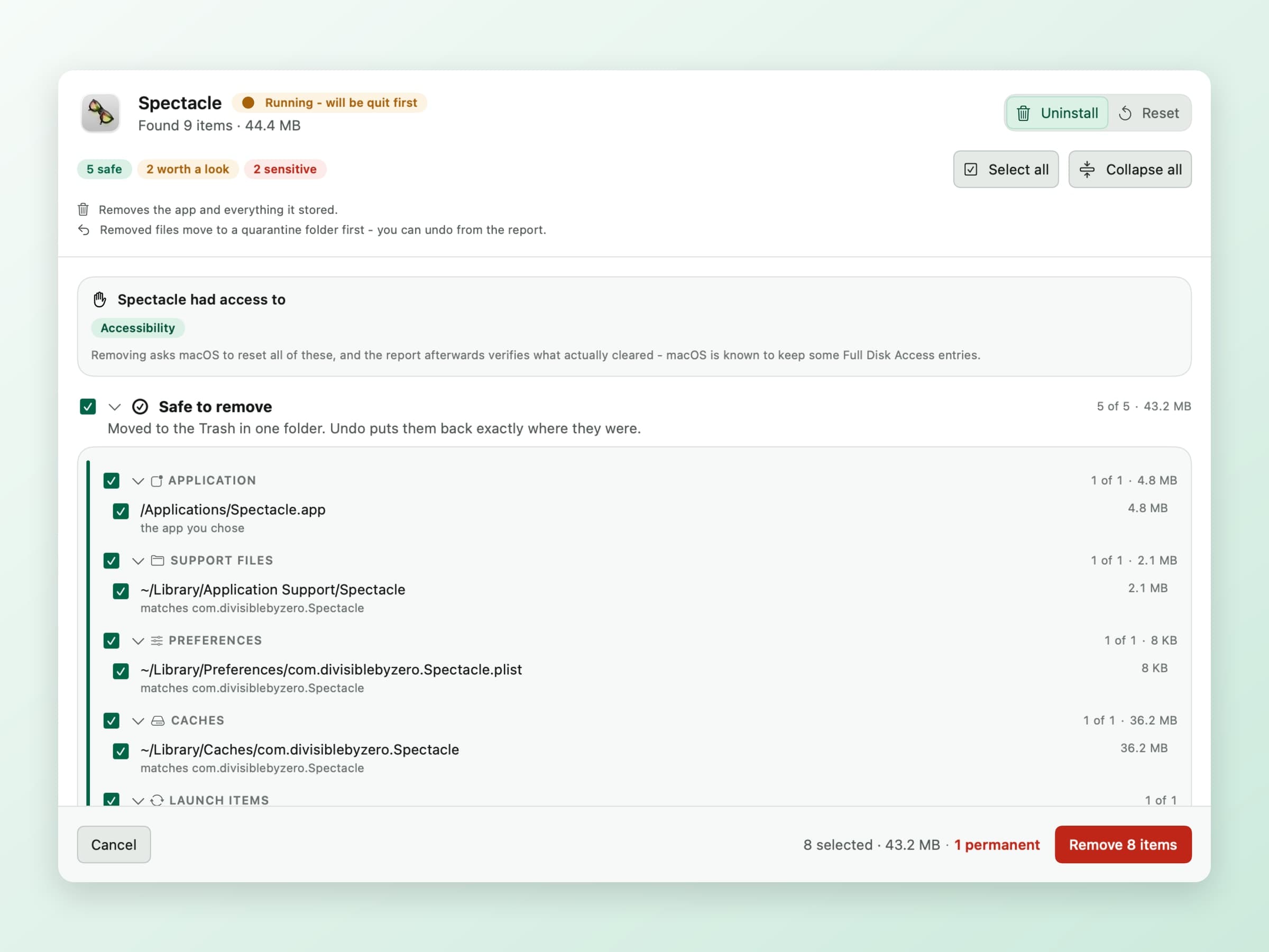The Unroot review screen listing every trace found for an app, grouped under Safe to remove with each row showing its path and the reason it matched